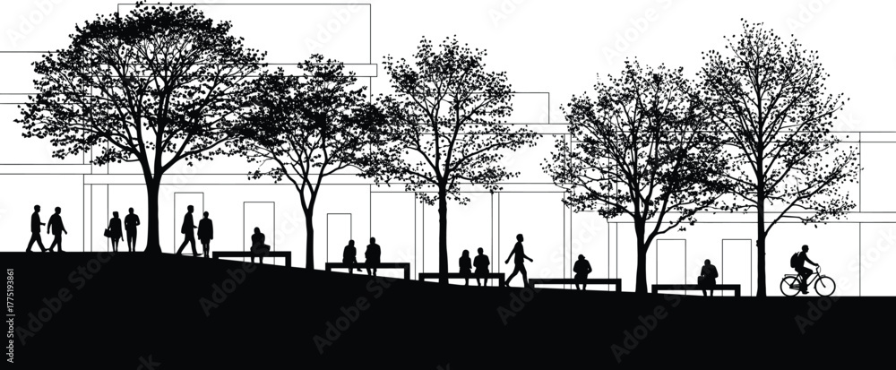 Obraz premium Black silhouette illustration of urban public space—trees, benches, pedestrians, cyclist, modern buildings—city lifestyle, architecture, landscape design concept