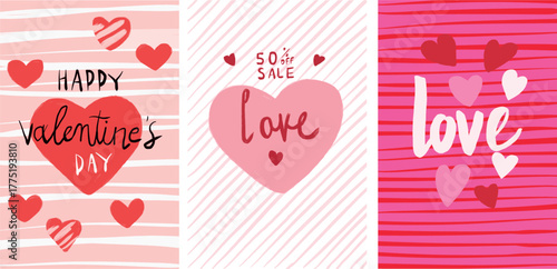 Set of Valentine’s Day vector banners with pink and red hearts, handwritten love lettering, and striped background. Romantic holiday design for sales, greeting cards, social media, and web decoration.