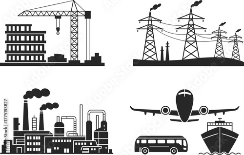 Industry, Construction, Electricity, Transportation, Factory, Energy, Infrastructure, Power, Airplane, Bus, Ship, Factory Emissions, Urban Development, Construction Cranes, Industrial Revolution