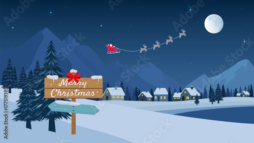 Christmas landscape with Santa Claus flying in his sleigh with presents over a village. Santa Claus delivers gifts on Christmas Eve. Vector illustrated Christmas landscape for design.