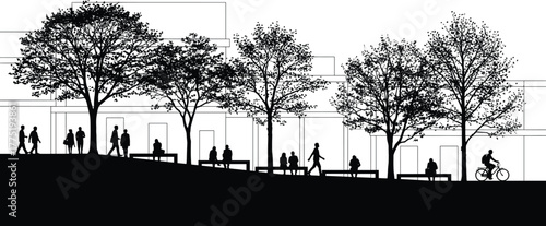 Black silhouette illustration of urban public space—trees, benches, pedestrians, cyclist, modern buildings—city lifestyle, architecture, landscape design concept