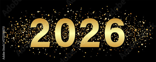 Happy New Year 2026, golden text effect, fireworks, stars, and confetti for background and design. 2026 New Year with fireworks and confetti for background, vector illustration.