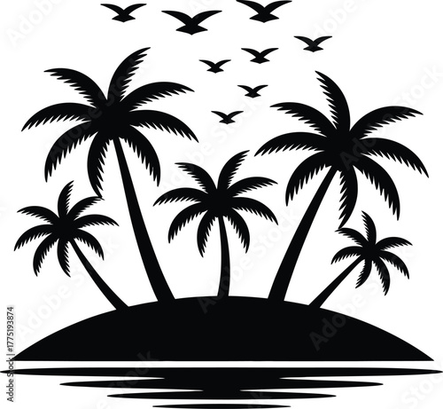 Tropical island palm trees silhouette isolated on white background