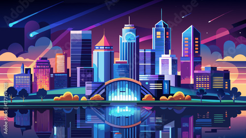 Very beautiful Kansas City skyline by night, viewed from Penn Valley Park, featuring glowing skyscrapers, shimmering reflections, and the vibrant city lights of Missouri’s largest metropolis, USA.