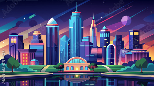 Very beautiful Kansas City skyline by night, viewed from Penn Valley Park, featuring glowing skyscrapers, shimmering reflections, and the vibrant city lights of Missouri’s largest metropolis, USA.