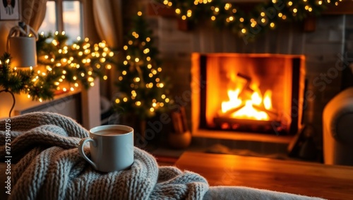 Cozy fireplace, warm drink, and festive holiday lights glow