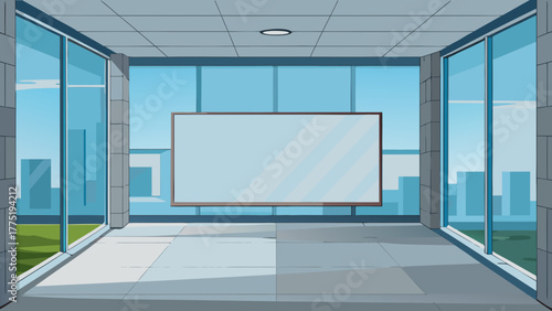 Empty office room with whiteboard cartoon