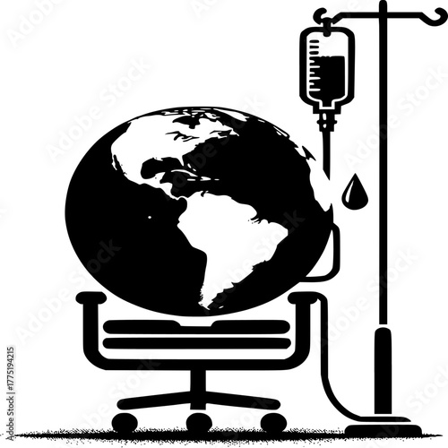 World Health Concept: An illustrative depiction symbolizes global health with an IV drip connected to Earth. This image evokes contemplation on healthcare, interconnectedness, and wellness.