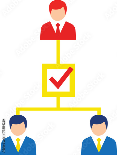 Vector illustration organizational chart showing a manager with two subordinates and a checkmark indicating approval