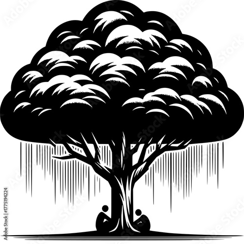 Shelter beneath the Canopy: Under the sheltering embrace of a majestic tree, two figures find solace from a downpour of rain, creating an environment of shelter
