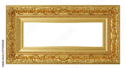 Ornate golden picture frame with empty center isolated PNG with Transparent Background