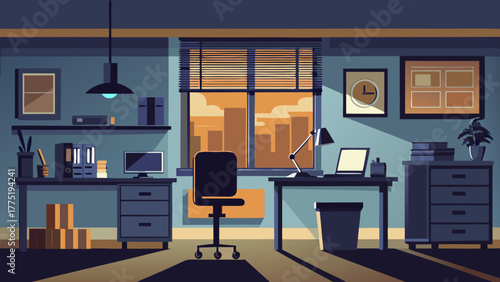 Office room interior at night scene