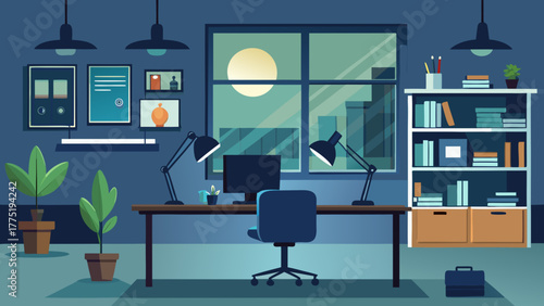 Office room interior at night scene