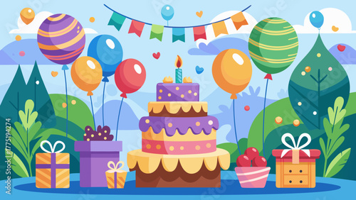 Birthday cake with balloon and gift box