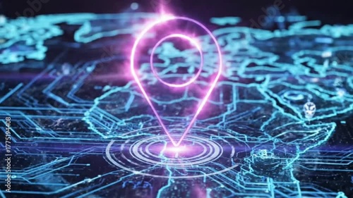 Futuristic Neon Location Pin Pulsating On Digital Map Representing Smart Navigation