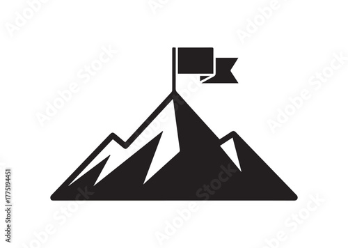 Mountain Peak With Flag Icon, Mountain Peak With Flag Black Vector