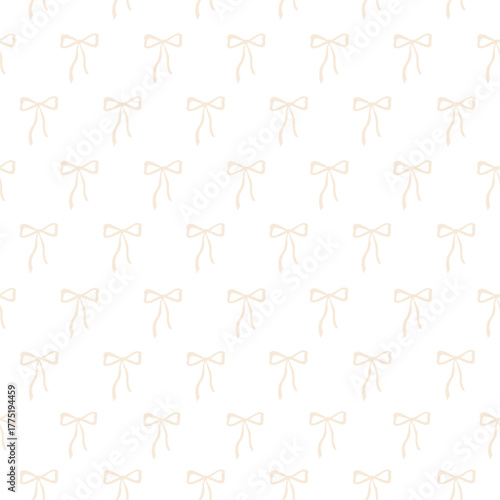 Seamless pattern with light beige ribbon bows on white background. Minimal and elegant vector design perfect for packaging, wrapping paper, fabric prints, wedding stationery, and feminine decor.