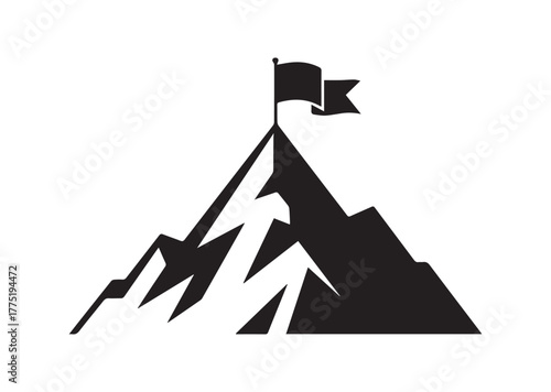 Mountain Peak With Flag Icon, Mountain Peak With Flag Black Vector