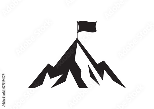 Mountain Peak With Flag Icon, Mountain Peak With Flag Black Vector