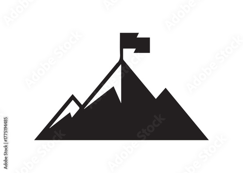Mountain Peak With Flag Icon, Mountain Peak With Flag Black Vector