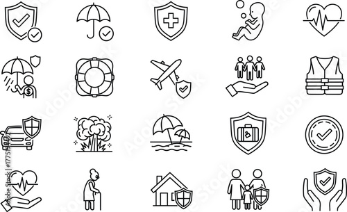 Insurance icons set, health, life, travel, family protection, safety symbols, shield, umbrella, medical, elderly care, security, risk management, vector line art collection