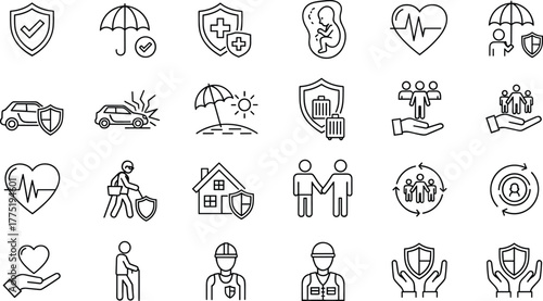 Insurance protection icon set, health, life, travel, family, vehicle, security, medical safety, coverage symbols, risk management, secure future vector