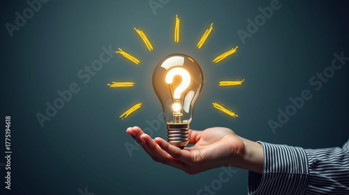 Hand Holding a Glowing Light Bulb with a Question Mark: Problem-Solving, Creative Inquiry, New Ideas, Innovation, and Seeking Solutions