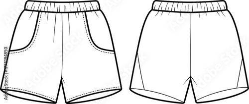 Kids shorts cad drawing, elastic waistband shorts, vector flat sketch, front back view, children’s garment template, tech fashion illustration