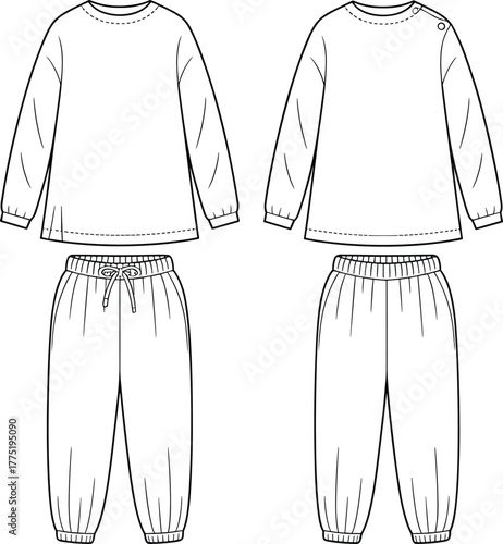 Kids sweatshirt and jogger pants flat sketch, front and back vector CAD drawing for children's fashion and garment design template