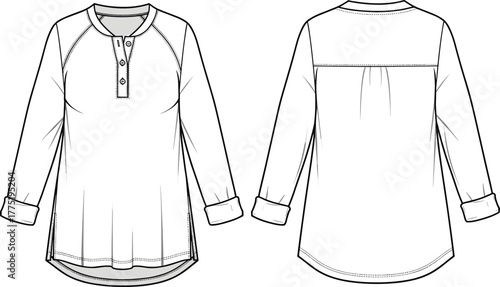 Long sleeve women's tunic top, button placket shirt front and back view, fashion flat sketch, technical cad drawing vector illustration
