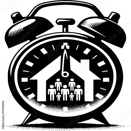 Family Home Time: An artistic depiction of an alarm clock merged with a house silhouette, symbolizing the importance of family time and the urgency of prioritizing loved ones.