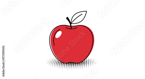 Stylized single red apple illustration with crisp black outline and halftone shadow adding depth