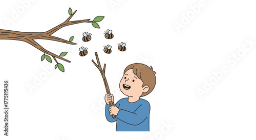 Whimsical illustration of a boy poking a bee's nest with a stick beneath a tree branch