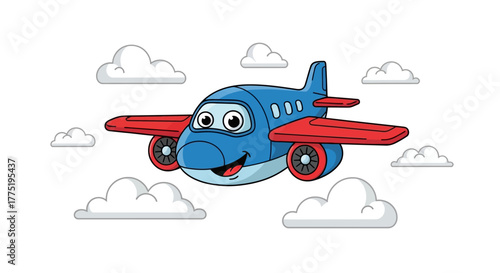 Whimsical Cartoon Airplane Soaring Through Soft Clouds in a Cheerful Sky Illustration