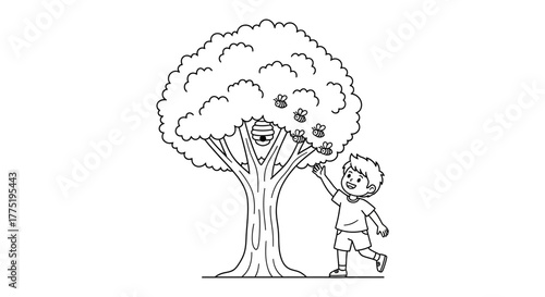Drawn illustration of a smiling boy reaching for bees near a hive in a lush tree