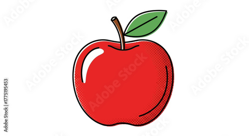 Vibrant red apple illustration with playful halftone effect and refreshing green leaf detail