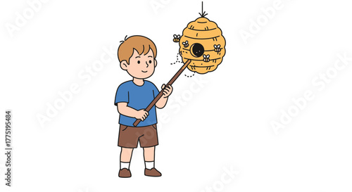A young boy mischievously pokes a beehive with a stick, inviting buzzing chaos and stings