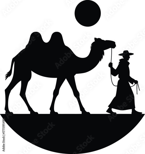Camel caravan silhouette with a man isolated on white background