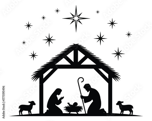 Christmas Nativity scene vector silhouettes with Holy Family, animals, and iconic star — perfect for printable designs, festive banners, church programs, and seasonal marketing materials.