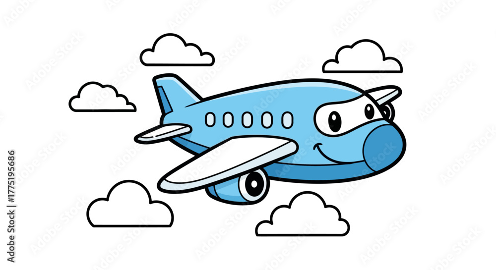 Fototapeta premium Cheerful blue cartoon airplane amidst fluffy clouds on a clear journey concept