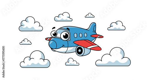 Animated blue airplane soars cheerfully through a whimsical sky dotted with fluffy white clouds