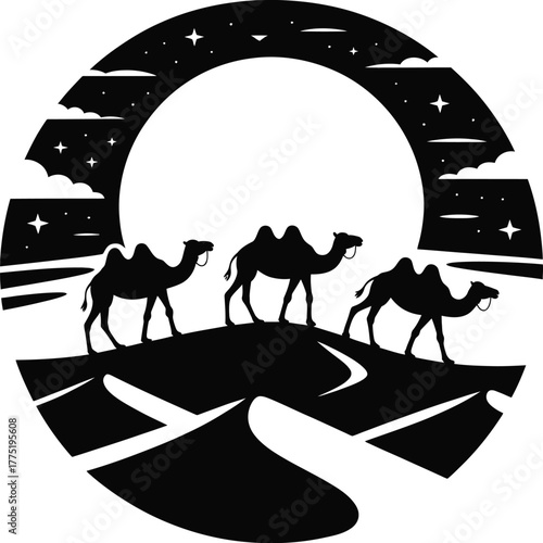 Three camels walking across desert dunes silhouette isolated on white background