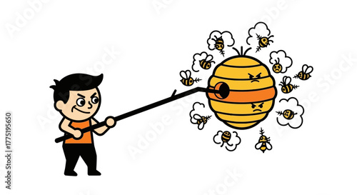 Cartoonish depiction of a boy poking an angry beehive with a stick provoking bees to swarm around it