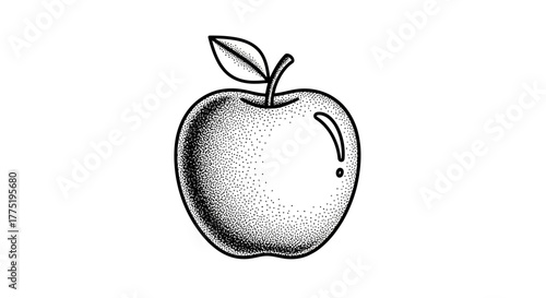 Whimsical apple illustration crafted with intricate stippling technique on white backdrop