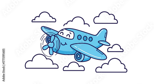 Smiling blue cartoon airplane playfully soars through fluffy white clouds in a whimsical
