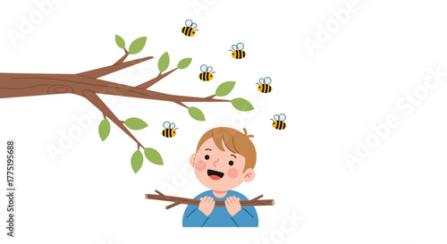 Illustration of a young boy amidst a flurry of bees near a leafy tree branch