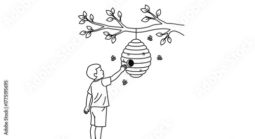 Drawn image showing a boy reaching towards a beehive hanging from a tree branch danger