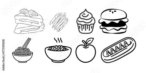 Delicious food icons ready for your next design project, featuring pancakes, fries, cupcakes, burgers, noodles, apples, hotdogs, and more