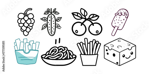 Fun food icons for a delightful design, sweet treat ice cream, cheese, healthy grapes, cherries, doodle illustration for kids, restaurant menu, tasty food