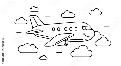 Whimsical airplane amidst fluffy clouds a charming monochrome illustration for aviation themed